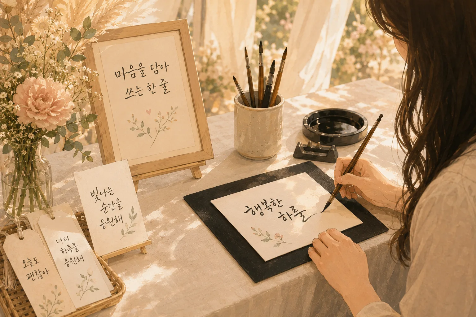 행사장에서 붓펜으로 참가자 이름을 손글씨로 쓰는 캘리그라피 체험부스 작가