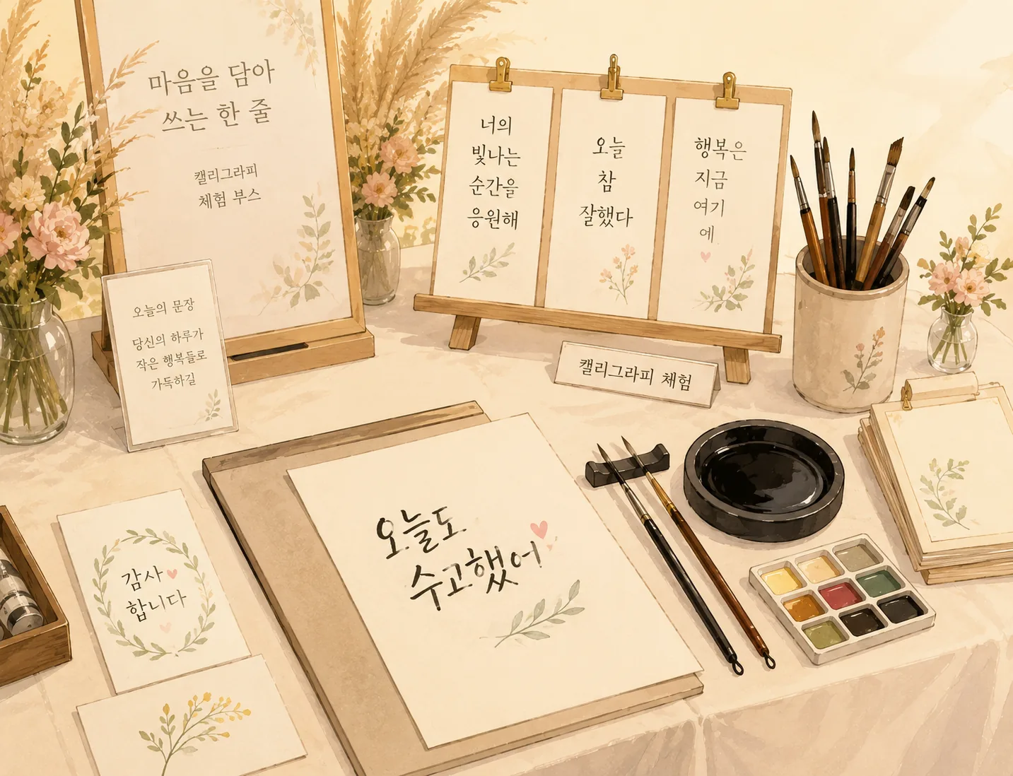 행사 캘리그라피 부스에서 즉석 제작한 이름 손글씨 엽서와 책갈피, 붓과 먹