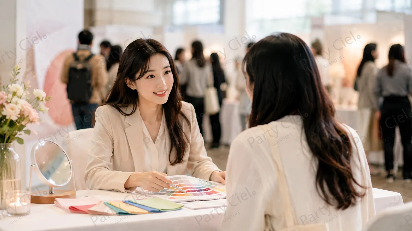 취업박람회 부스에서 퍼스널컬러 컨설턴트가 대학생에게 컬러 팔레트로 상담하는 모습