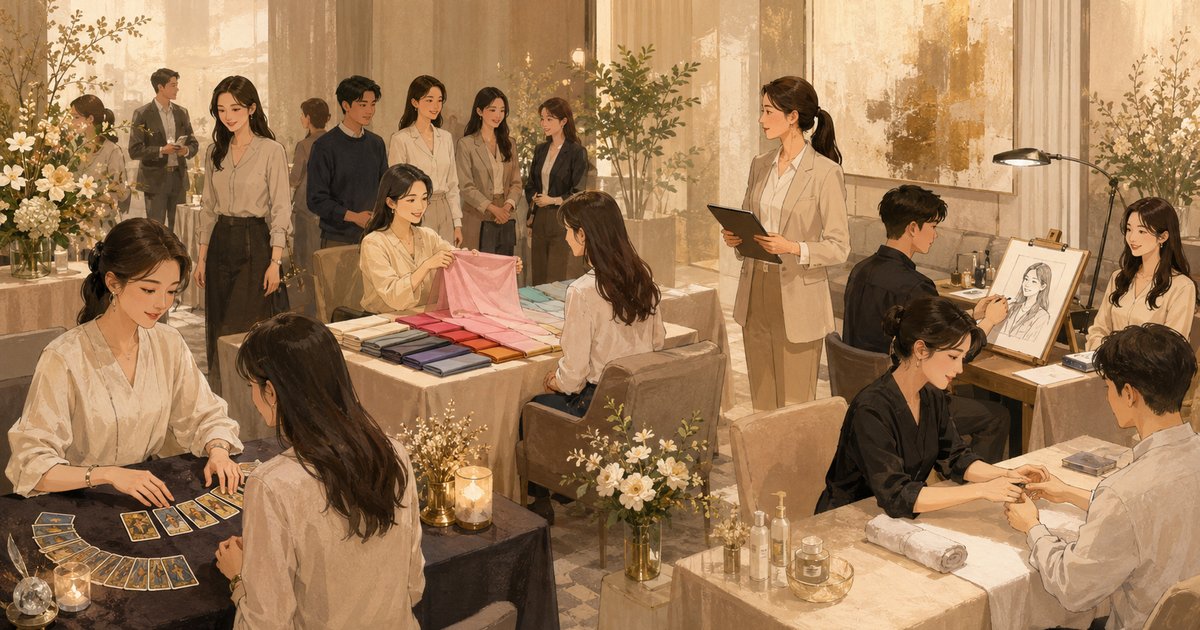 기업 행사장에서 마스터와 상담사가 타로·퍼스널컬러·캐리커처·네일아트 체험 부스를 직접 진행하는 모습 | 파티시엘 현장