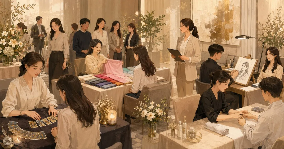 기업 행사장에서 마스터와 상담사가 타로·퍼스널컬러·캐리커처·네일아트 체험 부스를 직접 진행하는 모습 | 파티시엘 현장