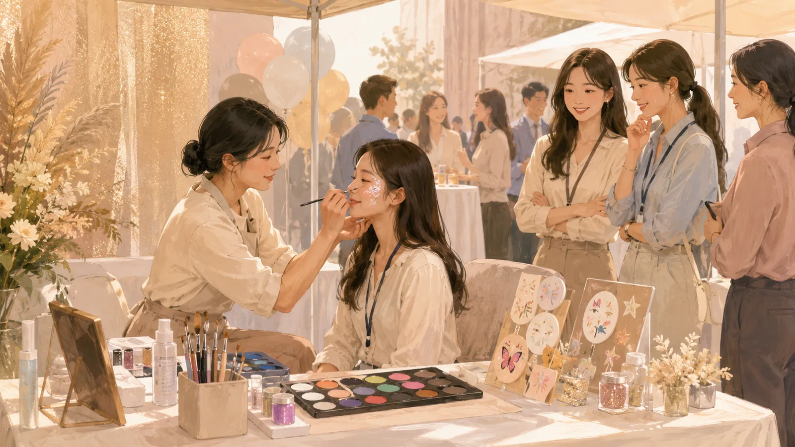 행사장에서 어린이 얼굴에 나비 도안 페인팅을 해주는 페이스페인팅 작가