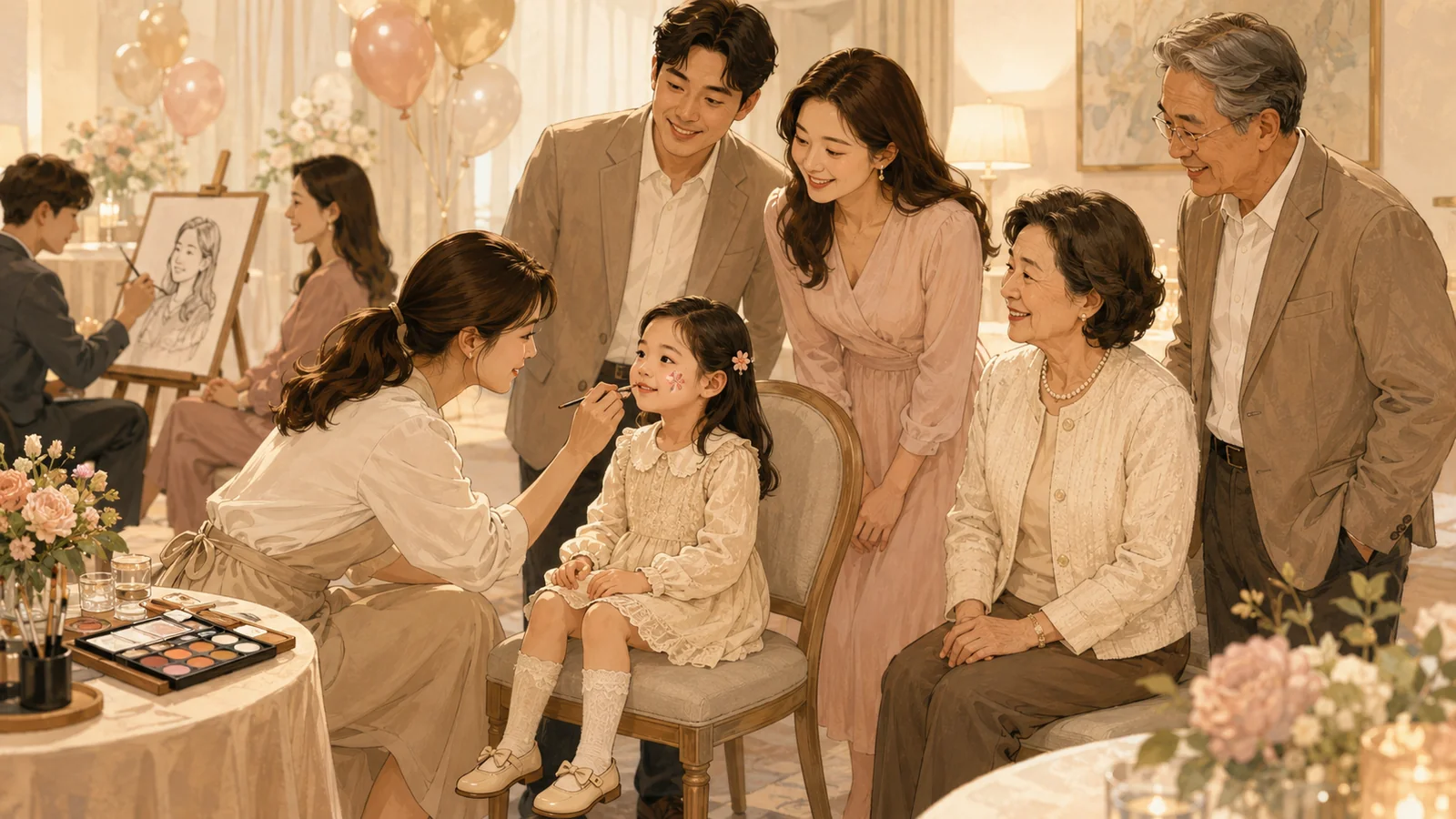 가족 초청 행사장에서 아이가 페이스페인팅을 받고 옆에서 가족이 캐리커처 그림을 함께 보는 모습