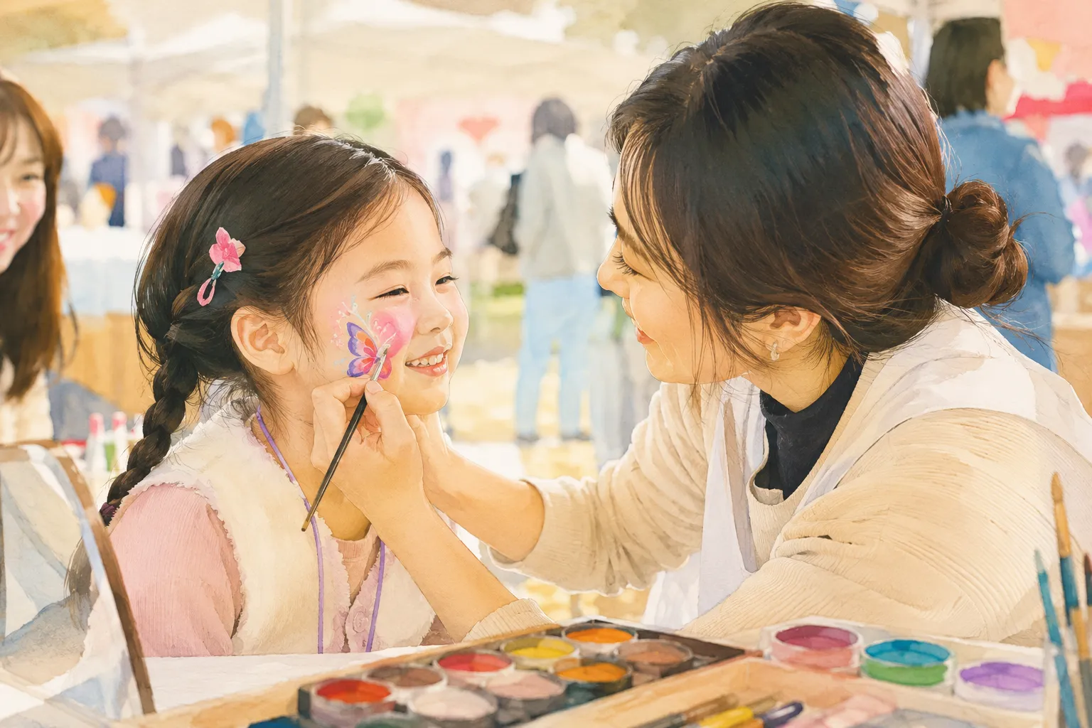 축제 페이스페인팅 부스에서 아이 볼에 나비를 그려주는 전문가