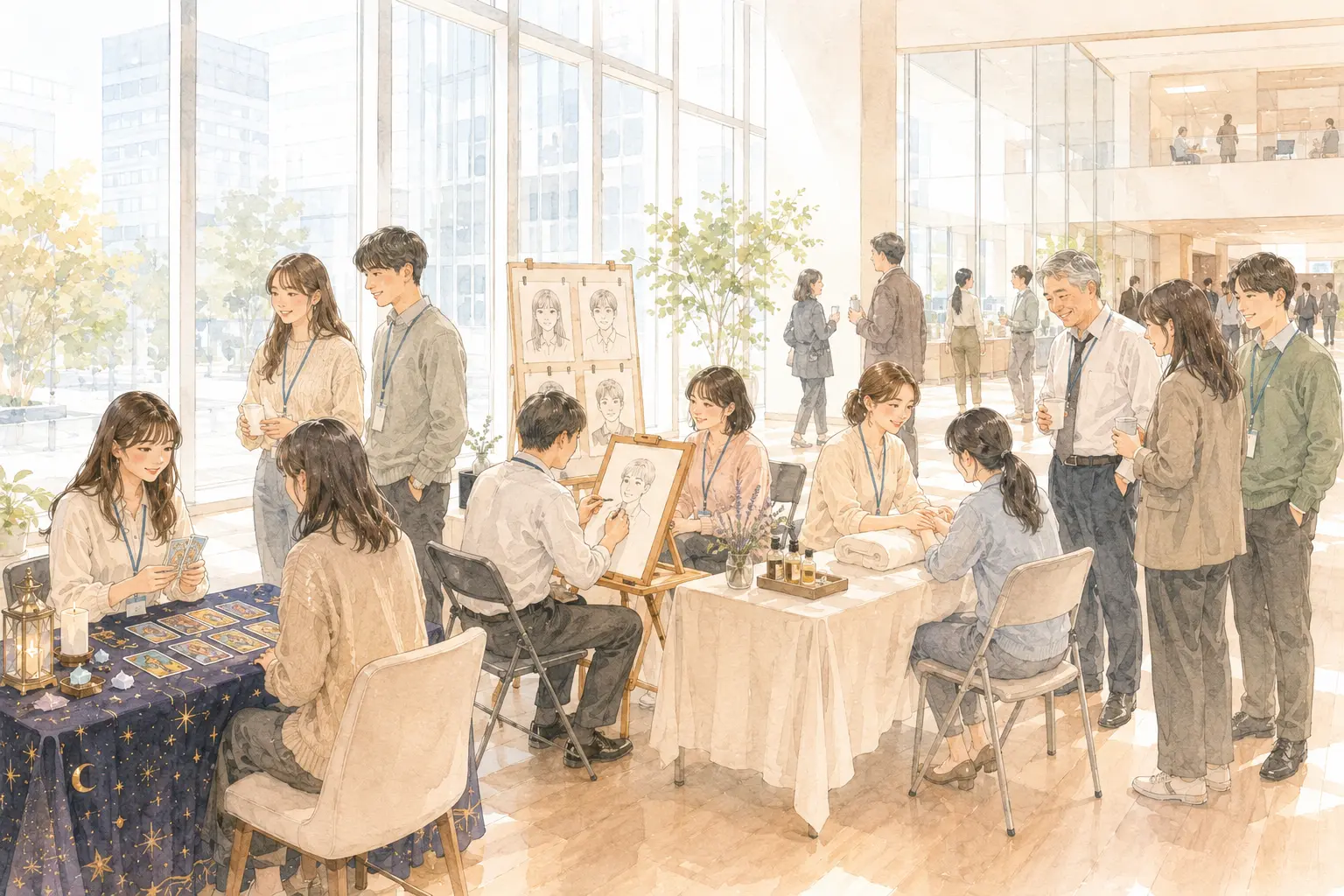 큰 창으로 채광이 들어오는 사내 로비에서 타로·캐리커처·핸드마사지 체험부스가 함께 운영되고, 머리 희끗한 시니어 임직원과 젊은 직원들이 ID 랜야드를 착용한 채 나란히 어울려 부스를 체험하는 창립기념행사 현장