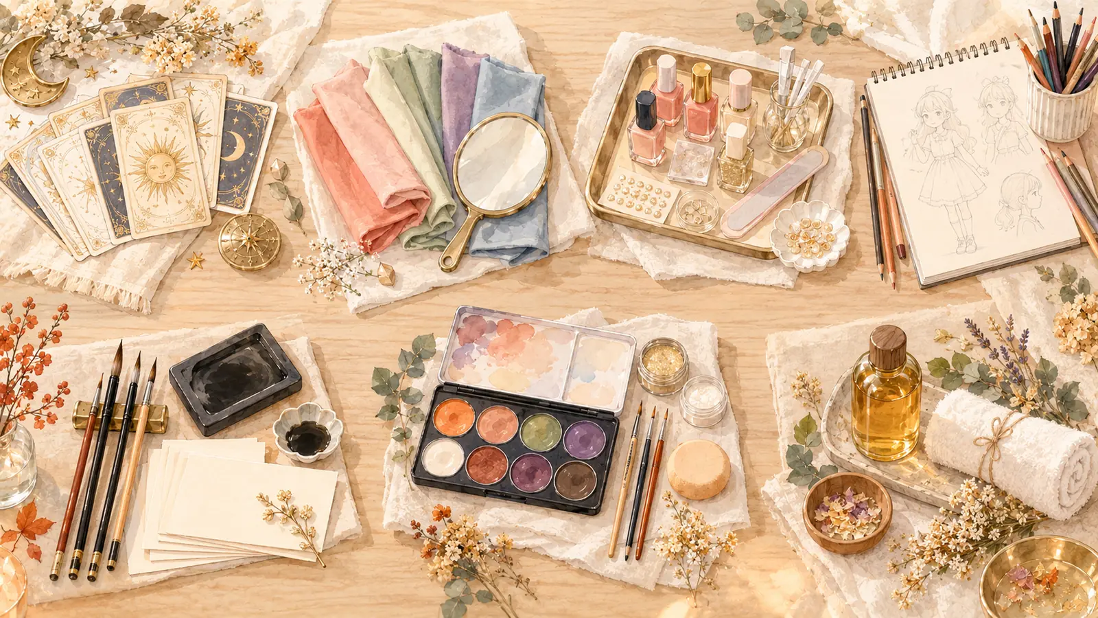 체험부스 프로그램 소품을 위에서 내려다본 구성 — 타로 카드, 퍼스널컬러 진단 드레이프, 네일 컬러 팔레트, 캐리커처 스케치, 캘리그라피 붓, 페이스페인팅 물감, 마사지 오일
