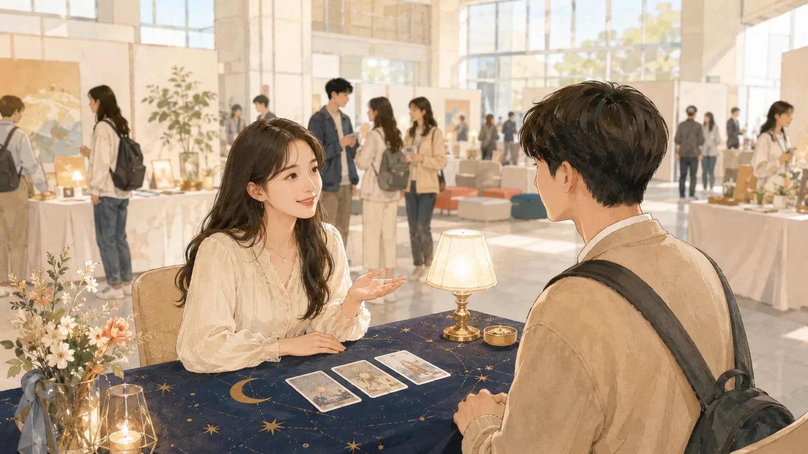 대학 취업위크 체험부스 컨셉의 타로 상담 부스 일러스트