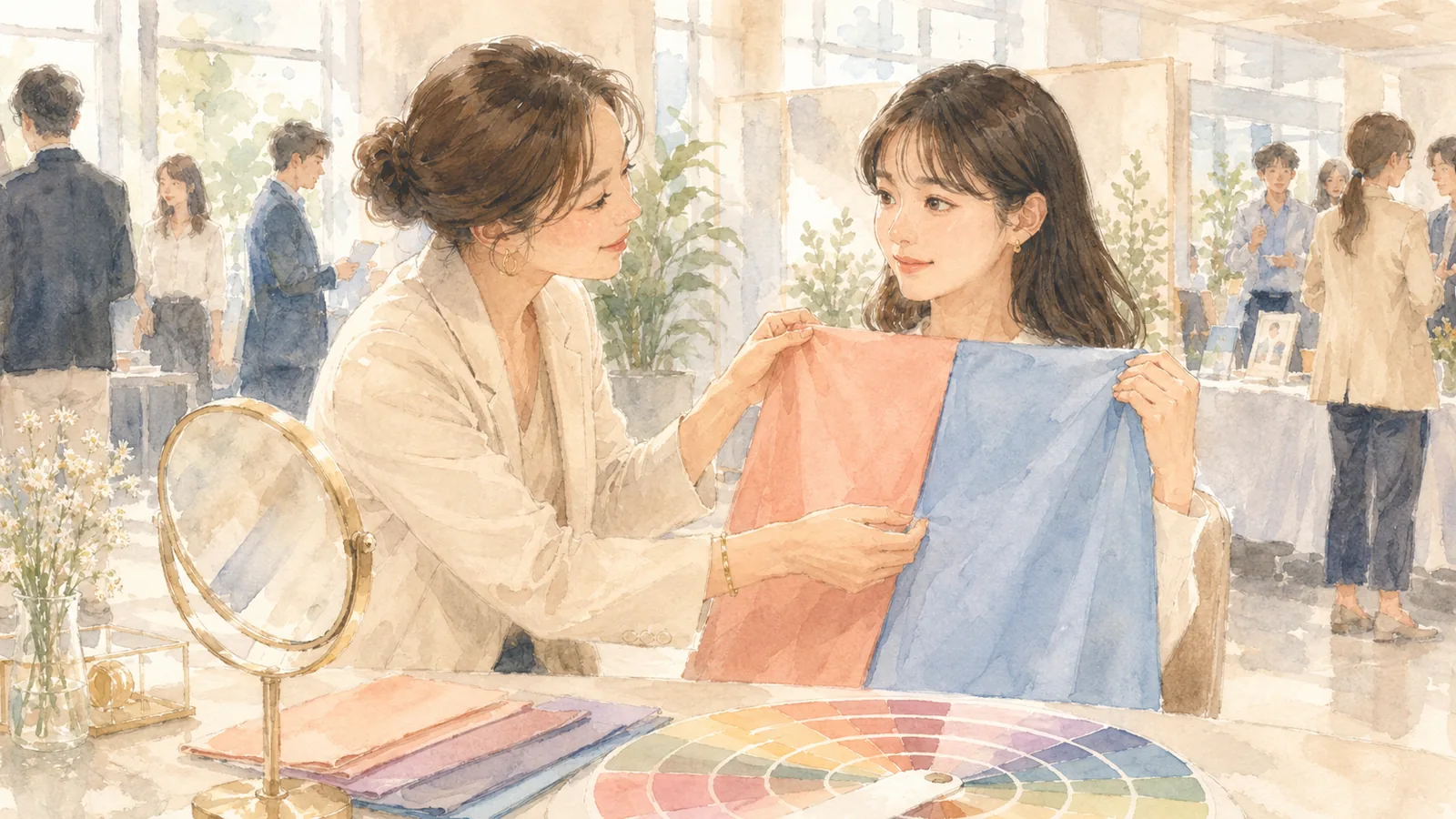 대학 취업위크 퍼스널컬러 진단 부스에서 컬러 드레이핑 천으로 어울리는 색을 찾아보는 일러스트