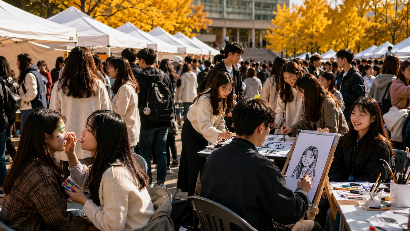가을 대학 캠퍼스 축제 현장에 설치된 체험부스 천막과 부스 앞에 줄지어 있는 학생들