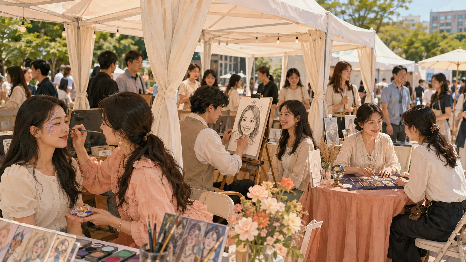 축제 현장 흰색 체험 부스에서 방문객들이 페이스페인팅·캐리커처·타로를 즐기는 모습