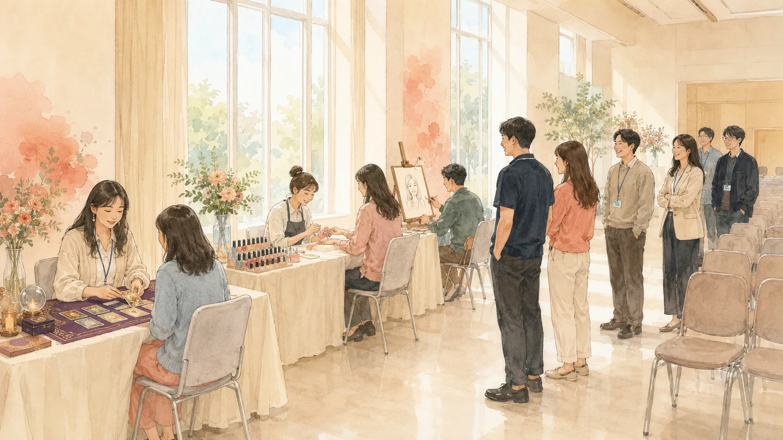 큰 창으로 햇빛이 들어오는 사내 강당 한켠에 타로·네일아트·캐리커처 체험부스가 나란히 설치되고, ID 랜야드를 착용한 임직원들이 줄지어 순서를 기다리는 창립기념행사 현장