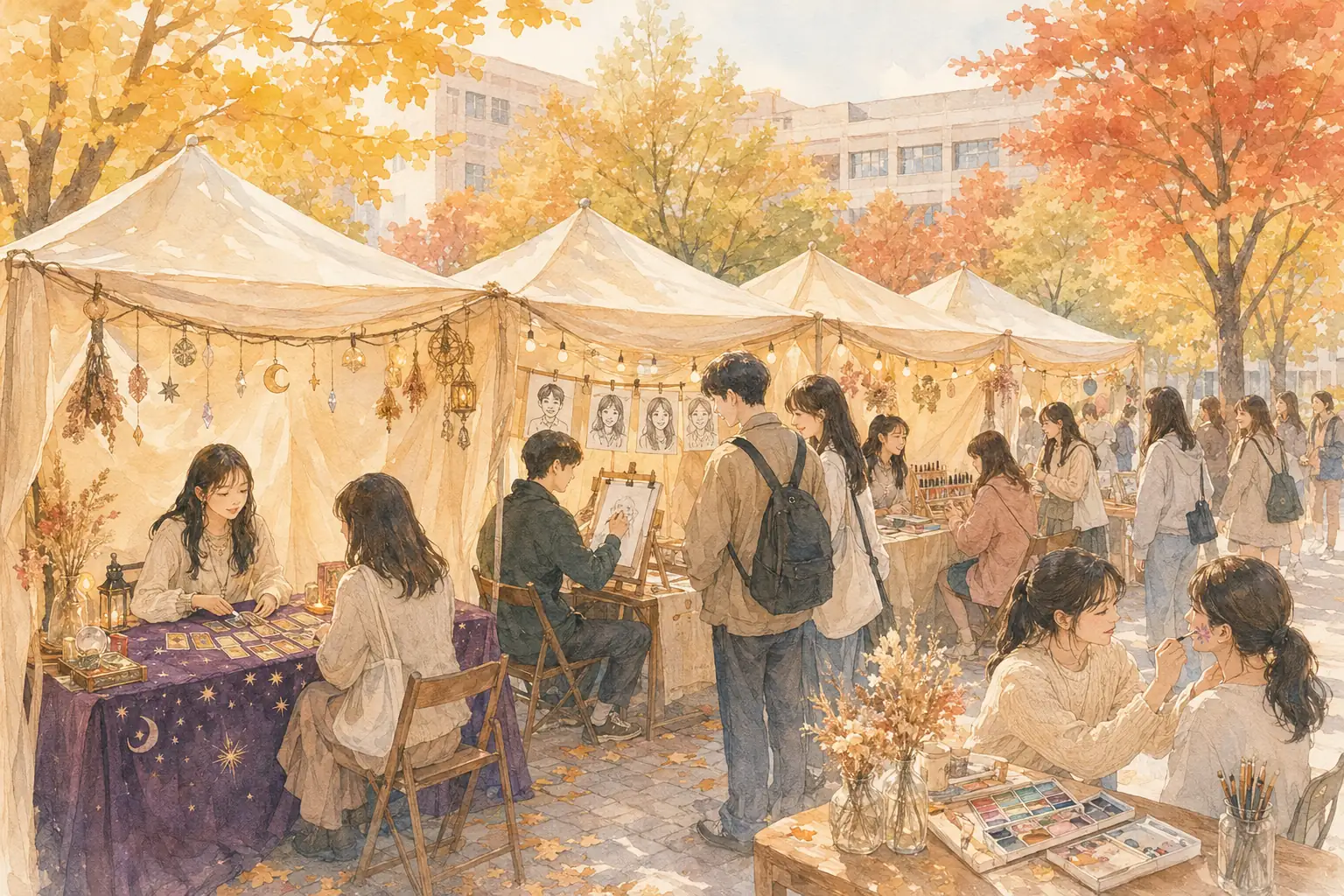 가을 은행나무가 물든 대학 캠퍼스에 타로·캐리커처·네일아트·페이스페인팅 체험부스 4개가 나란히 설치되고 학생들이 오가는 대동제 현장