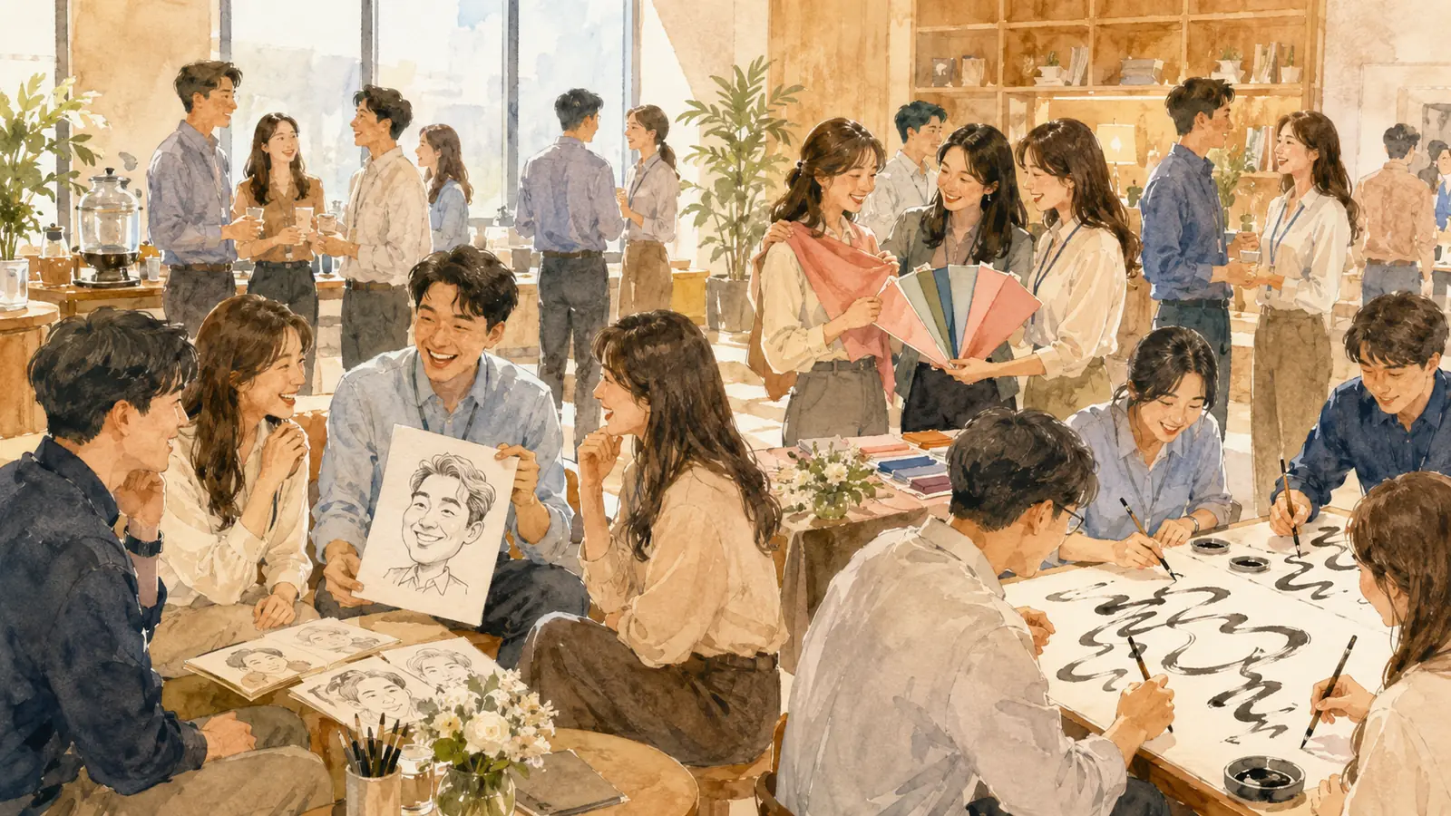 사내 팀빌딩 이벤트에서 임직원들이 캐리커처·퍼스널컬러·캘리그라피 체험부스를 오가며 자연스럽게 대화하는 모습