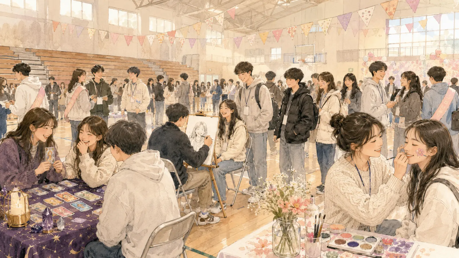 대학 체육관에서 열린 새터·오리엔테이션 현장, 타로·캐리커처·페이스페인팅 체험부스 3곳이 나란히 설치되고 패딩과 후드 차림의 신입생들이 학생회 어깨띠를 두른 진행 요원과 함께 색색 가랜드 아래 줄지어 순서를 기다리는 모습