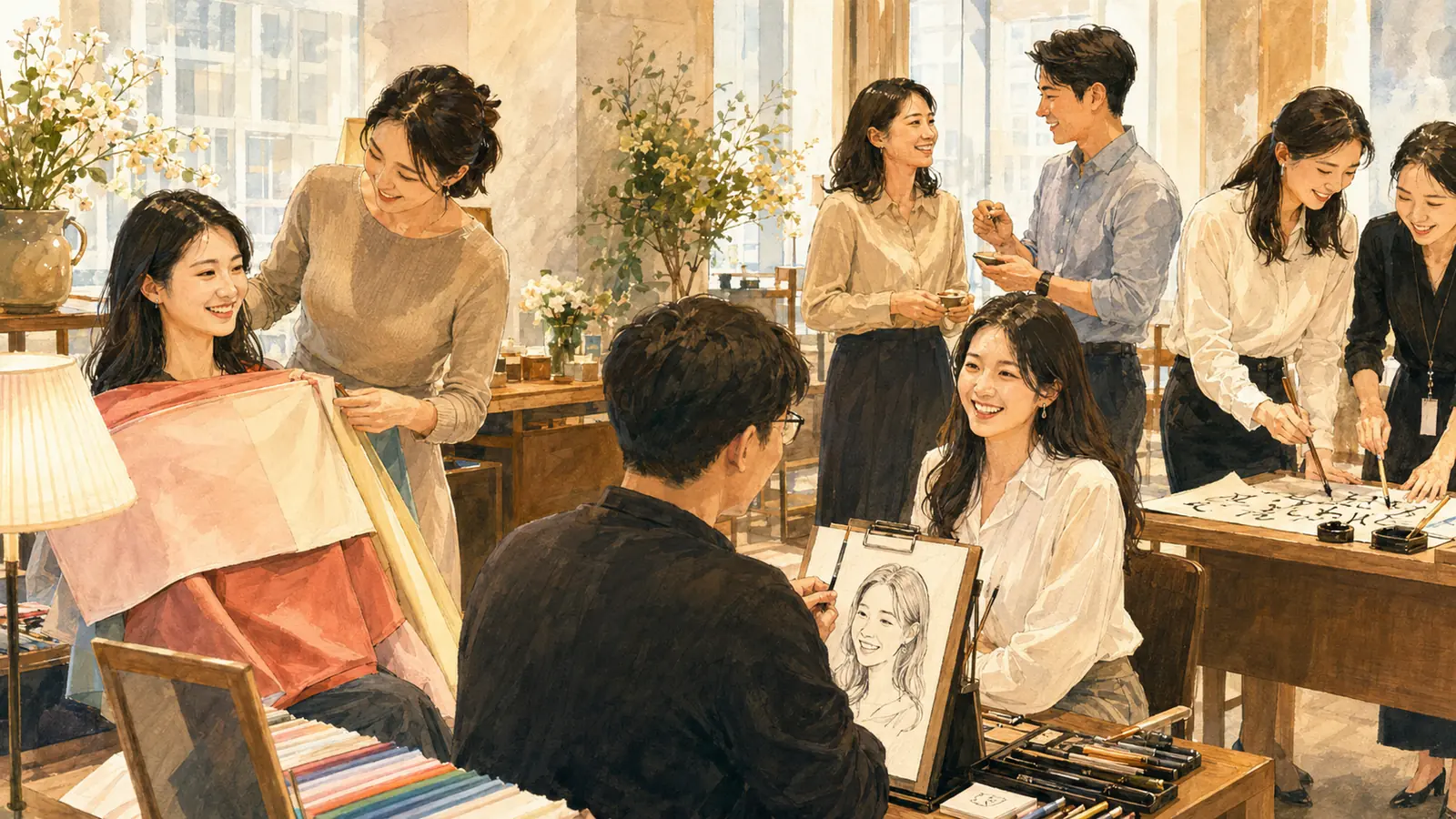 회사 워크샵 체험부스에서 임직원들이 퍼스널컬러·캐리커처·캘리그라피를 체험하는 현장