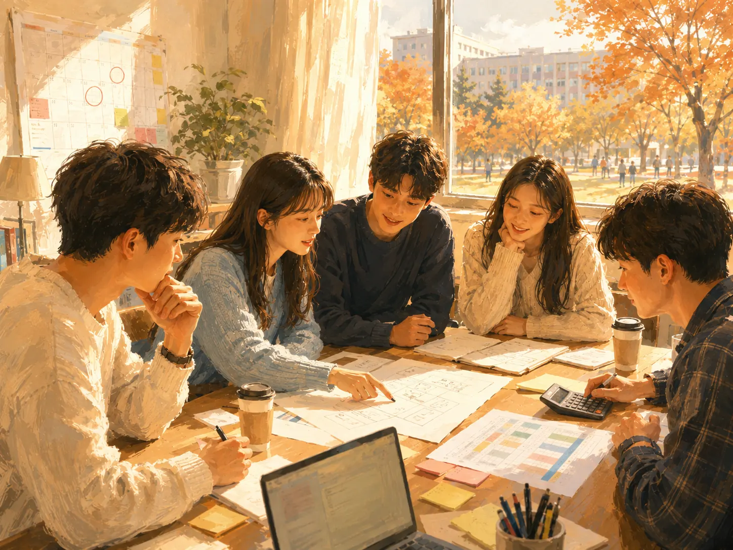 학생회 임원 5명이 부스 배치도와 예산표를 펼쳐놓고 계산기와 노트북으로 예산을 검토하며 회의하는 모습, 창밖으로 가을 캠퍼스가 보인다