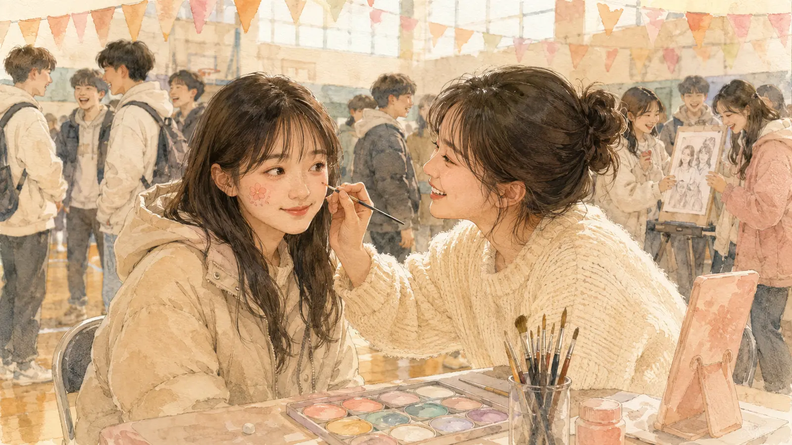체육관 페이스페인팅 부스에서 신입생이 다른 신입생의 볼에 그림을 그려주는 모습, 뒤로 캐리커처 부스가 이어지는 실내 풍경