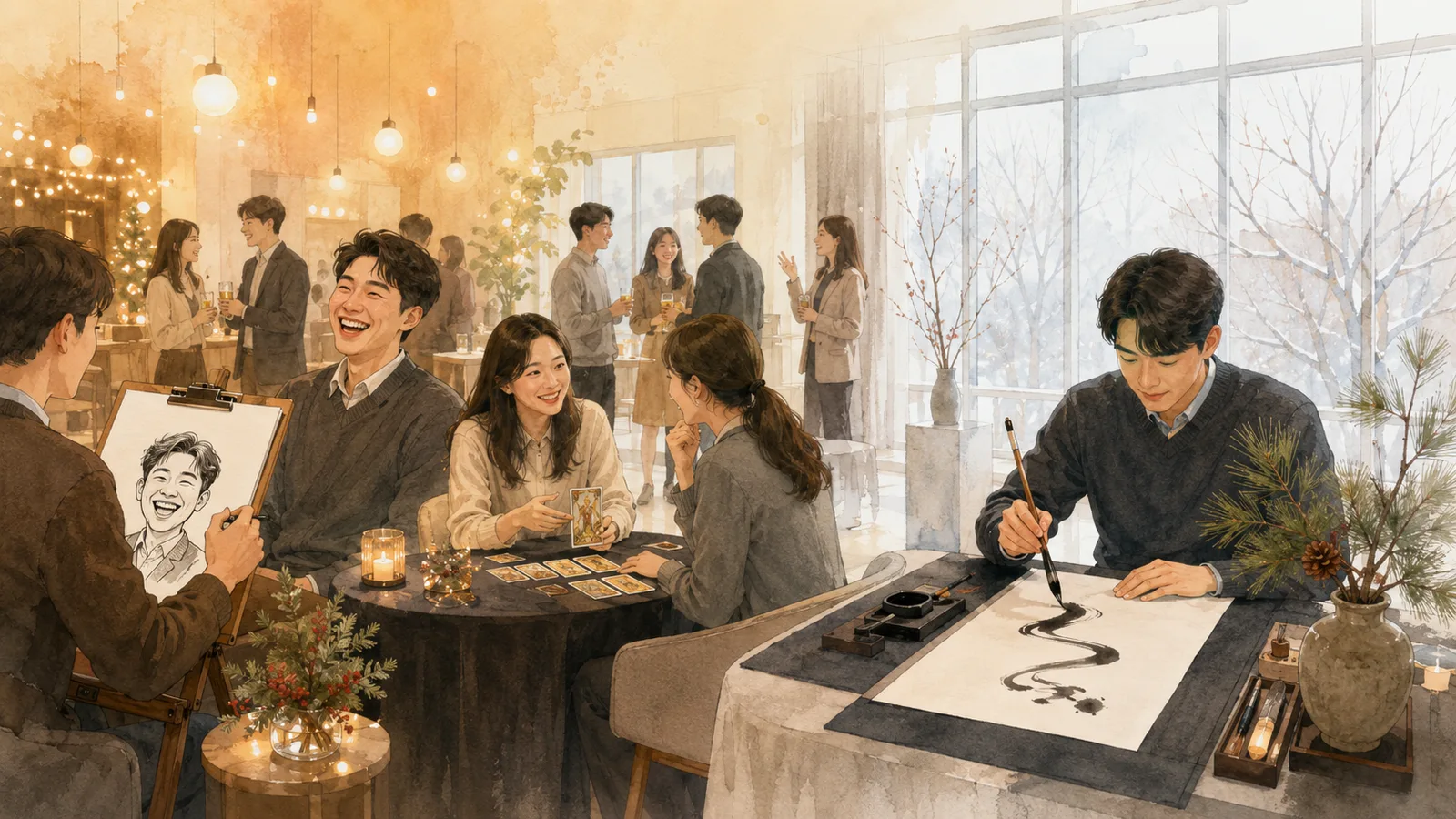 기둥을 사이에 두고 왼쪽은 캐리커처와 타로 체험을 즐기는 임직원들이 있는 송년회 분위기, 오른쪽은 캘리그라피 붓글씨를 쓰는 임직원과 눈 쌓인 창밖이 보이는 시무식 분위기가 나란히 대비되는 사내 행사장